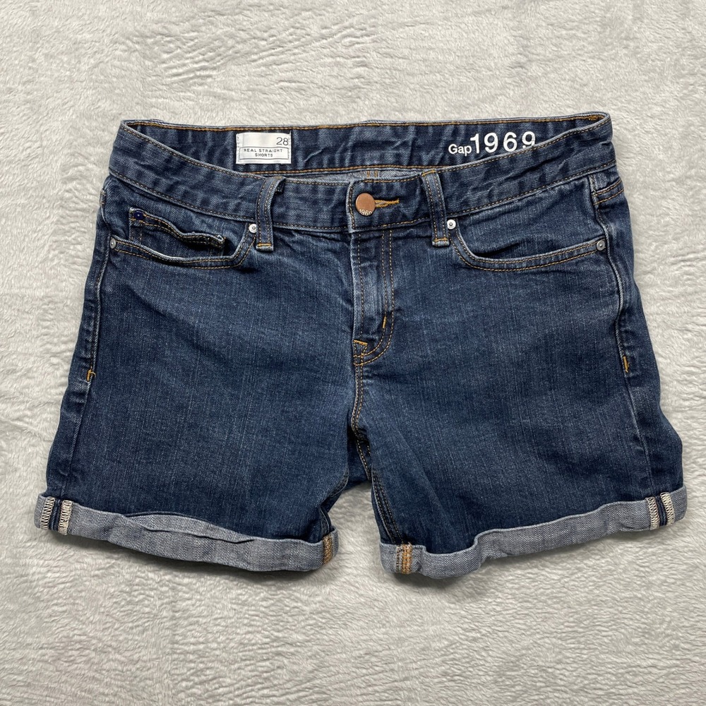 Gap 1969 Real Straight Shorts Womens 28 Blue Indigo Rinse Denim Cuffed Mid Rise